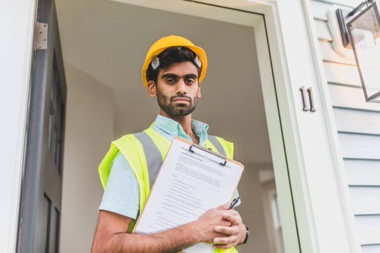 Skilled worker in hard hat and safety vest holding a clipboard